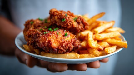 Fototapeta premium This appetizing image presents a plate of crispy fried chicken paired with golden French fries, evoking a sense of comfort, satisfaction, and the joy of enjoying hearty cuisine.