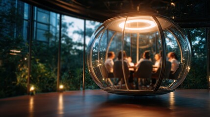 Naklejka premium A unique meeting room designed in a glass sphere, showcasing a group engaged in discussion, emphasizing collaboration in a modern and inspiring environment with nature.