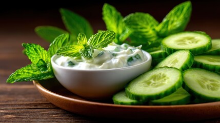 Obraz premium A delightful arrangement of fresh cucumber slices served with a creamy mint dip evokes freshness and health, highlighting vibrant colors and appetizing presentation.