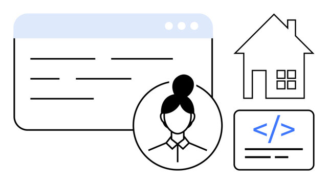 Remote work, technology tools, personal identity, web development, telecommuting, digital workspace. User profile, coding interface home icon. Remote work and technology tools visualization