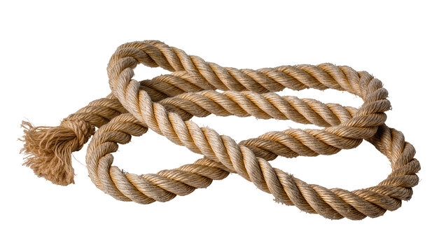 Isolated textured thick brown nautical rope knot on a bright plain surface for decoration, tied