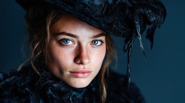 A striking portrait of a woman adorned in an exquisite black hat and elaborate accessories, presenting a captivating allure and enigmatic beauty that draws the viewer in.
