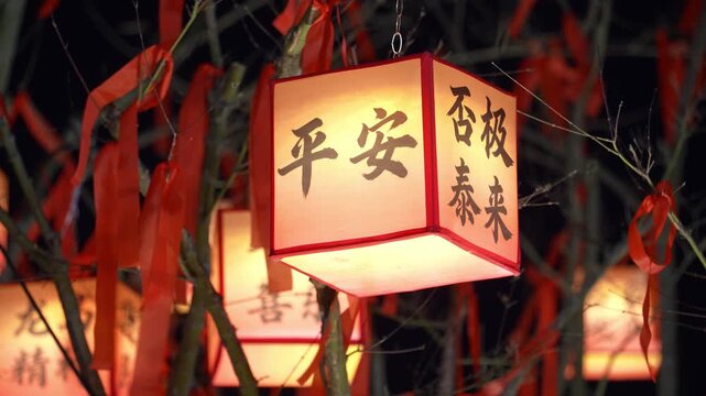 Illuminated traditional Chinese lantern with red ribbons and auspicious calligraphy hanging on tree branches at night