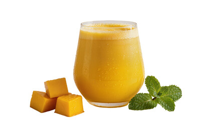 Isolated mango smoothie, delicious and refreshing cold drink with fruit cubes and mint leaf © Sindre