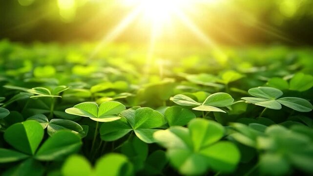 Close-up of lush green clovers in dappled sunlight, creating a bright, optimistic scene