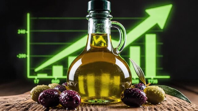 Glass bottle of premium olive oil and fresh harvest fruit on rustic wooden board featuring glowing upward arrow chart symbolizing rising food inflation costs and market trade growth trends.