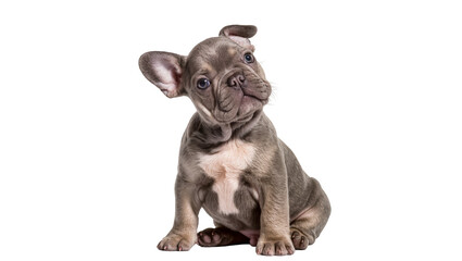 Isolated curious lilac French Bulldog puppy tilting head, looking at camera attentively © Sindre