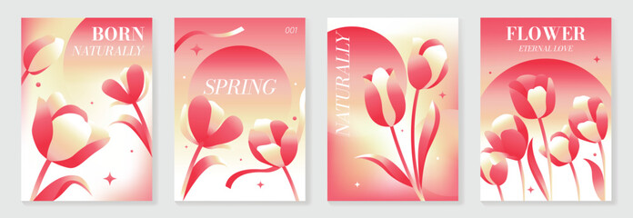 Spring flower gradient poster vector set with red tulip blossom and soft pastel background. Elegant floral design for greeting card, invitation, social media, wall art and seasonal branding. © TWINS DESIGN STUDIO
