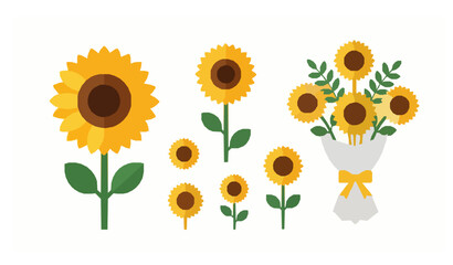 Flat sunflower bouquet and single flower vector icon set summer floral design