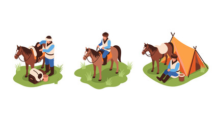 Fototapeta premium Medieval camping: isometric scenes with knights and horses in nature
