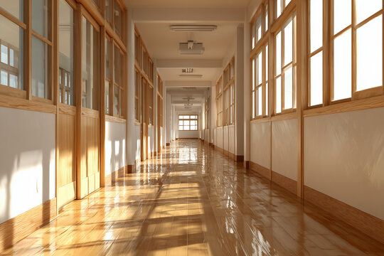 光が差し込む学校の廊下
