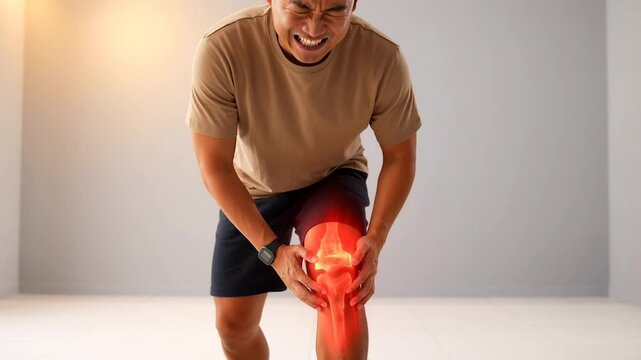 Man in brown shirt and black shorts holding his painful knee with glowing red overlay