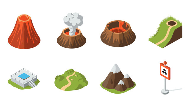Volcanos, mountains, and landscapes: isometric icon set for maps and games