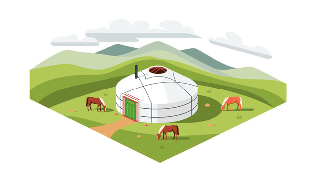 Traditional mongolian yurt in serene mountain landscape with grazing horses