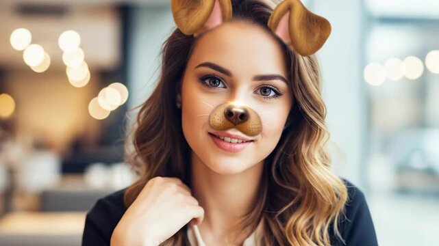 Young Woman with Dog Ears and Nose Filter Smiling