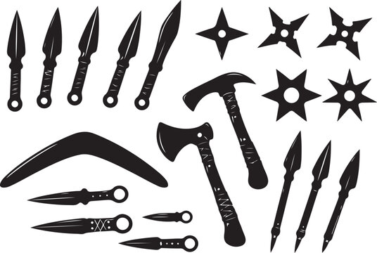 Throwing Weapon Silhouette Set Kunai Shuriken Boomerang Axe Spear Icon Collection Vector