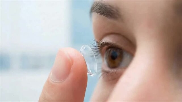 Woman applying a contact lens to her eye. Close up of a finger holding a clear vision correction device. Healthcare instruction for proper optical care routine.