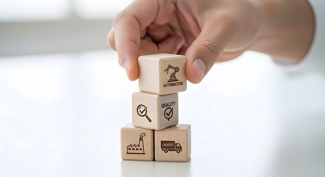 Hand stacking wooden blocks with icons representing automation, quality control, manufacturing, and logistics, symbolizing an integrated and optimized business supply chain and operational efficiency