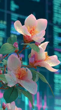 Serene blossoms: a tranquil symphony of spring in blue. Futuristic screens. Delicate spring flowers with artistic hues against a soothing blue background. Business intelligence.