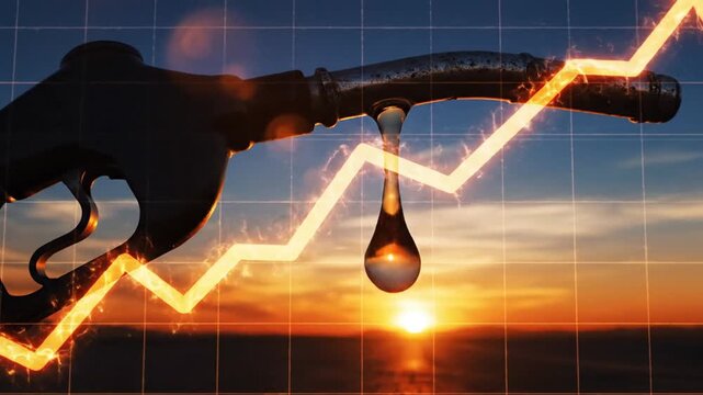 Fuel nozzle dripping crude oil against dramatic sunset sky with ascending financial market chart and statistical graph overlay in orange blue tones representing energy price growth concept.
