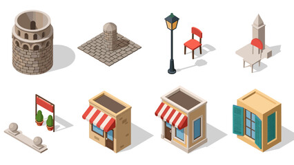 Fototapeta premium Isometric urban elements set: historic tower, lamp post, cafe facade, stone pavement, red chair