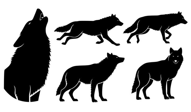 Wild Wolf Silhouette Illustration Set Howling Animal Vector