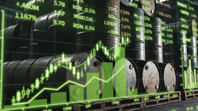 Global Financial Crisis Concept with Industrial Oil Barrels and Rising Stock Market Data Charts Representing Economic Growth and Commodity Price Inflation on Dark Background