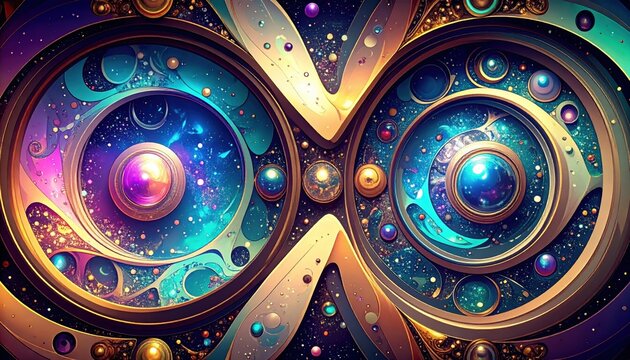 Sfondo cosmico astratto con spirali mistiche, volute dorate e dettagli celestiali