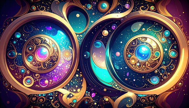 Sfondo cosmico astratto con spirali mistiche, volute dorate e dettagli celestiali