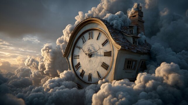 Whimsical Time's Embrace: An enchanting surreal scene where a grand clock structure merges with a whimsical house, enveloped in swirling clouds, evoking a sense of dreamlike wonder.