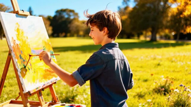 Young caucasian boy painting colorful landscape on canvas outdoors in sunny park, easel and paints in foreground, green meadow and trees. Concept of childhood creativity and self expression
