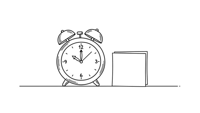 Vintage alarm clock and notebook in hand-drawn style