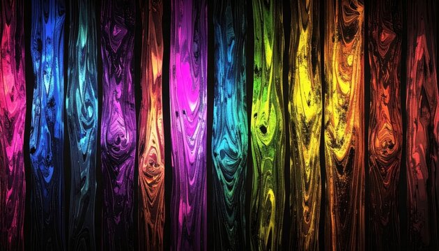 Pannelli in tessuto drappeggiato con sfumature arcobaleno e trame astratte
