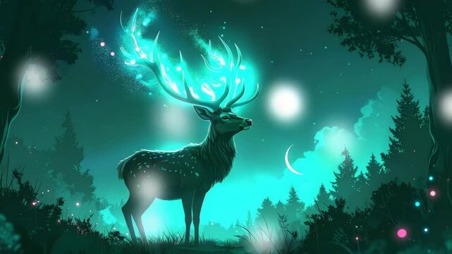 A stag with glowing antlers stands in a starry night forest