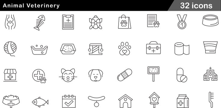 Animal Veterinary Thin Line Icons Set Pet Care, Veterinary Medicine, Dog Cat Health, Grooming Supplies and Animal Clinic Symbols for Pet Services