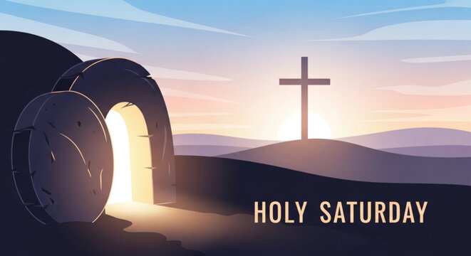 Holy saturday easter concept with empty tomb and cross at sunrise symbolizing hope and resurrection