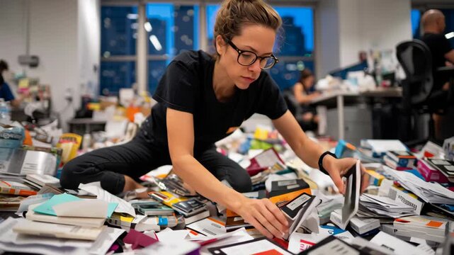 Young woman organizing clutter in a modern office environment after an event, diligently sorting through papers and materials to restore order and cleanliness