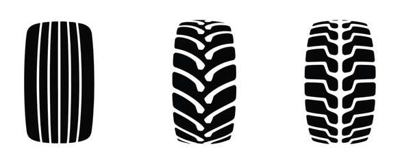 Car tyre icon set, showcasing tire tracks, car and truck wheel silhouettes, tread patterns, and braking marks for racing, automotive, and speed-related vector illustration projects. © JamesDesign