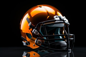 Fototapeta premium Glossy orange football helmet with black facemask sitting on reflective dark surface