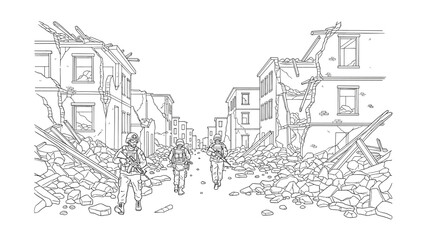 Obraz premium Soldiers walking through war-torn city street in detailed line art scene
