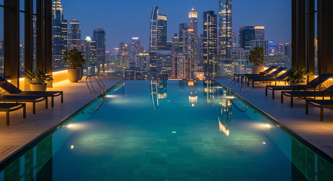 Rooftop pool with city skyline at night
