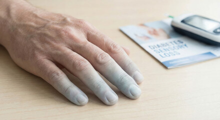 Pale hand numb finger diabetes complications on table near glucometer and medical brochure creating worried mood
