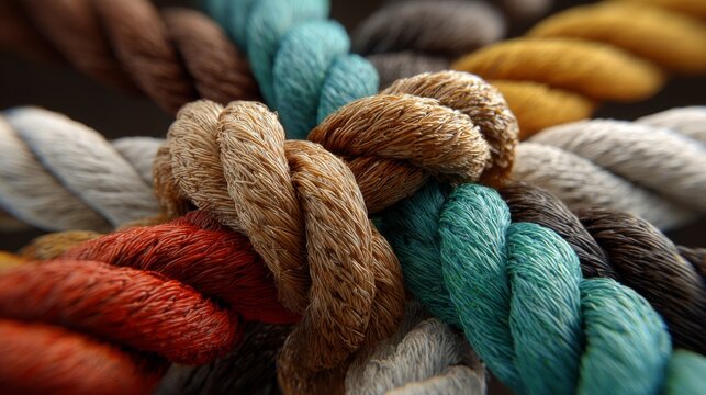 Strength in unity concept with diverse colorful ropes converging toward a central point, symbol of team connection, cooperation, partnership, collective strength, collaboration, diversity and inclusiv