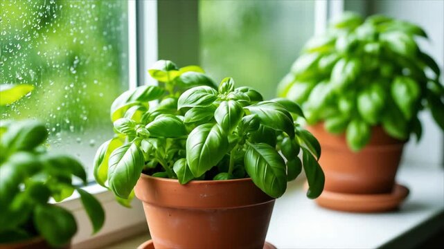 Woman hand touching fresh basil plant in terracotta pot on window sill. Raindrops on glass pane. Home gardening concept, organic herb growing, indoor greenery.