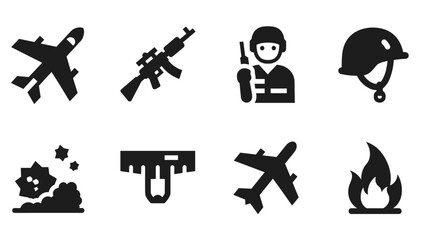 Obraz premium Military icons set featuring aircraft, soldier, and weapons in silhouette style