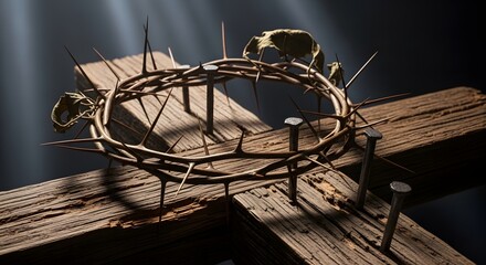 A profound wooden cross adorned with a thorny crown and rusty nails, dramatically illuminated by divine light, symbolizing ultimate sacrifice and spiritual redemption