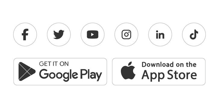 Popular social media platform icons set. Facebook, Twitter, YouTube, Instagram, LinkedIn, TikTok with Google play and App store button.