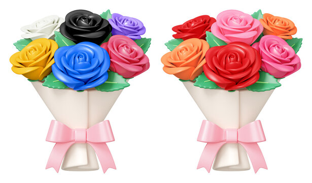 Colorful rose bouquets with ribbons