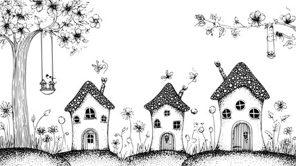 Naklejka premium Fairy home family with leaf hammocks and flower beds, vectorized collection