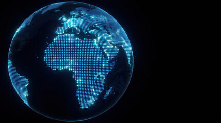 Global globe earth map africa europe digital technology concept with glowing blue dotted world on dark background, futuristic data network for global business, communication, analytics